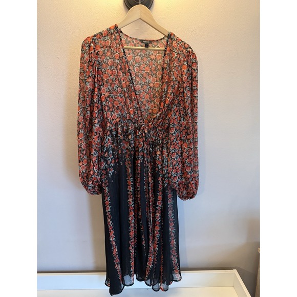 Torrid Floral Chiffon V Neck Tie Waist Long Sleeve Dress Black Orange Size 1 - Picture 1 of 6